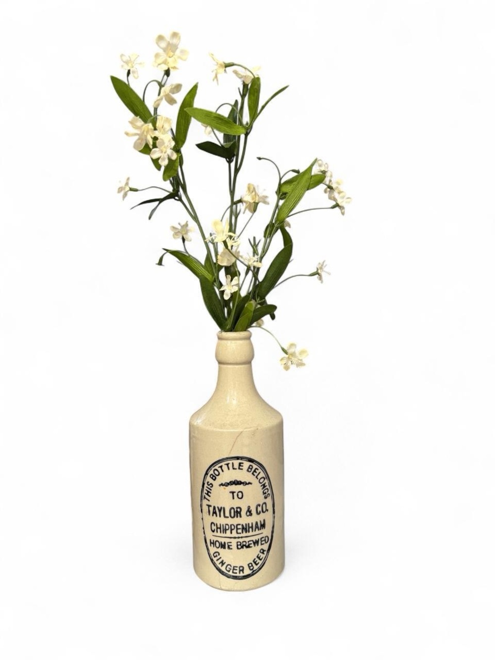 Vintage 70s Cream Ceramic Bottle Vase with White Floral Stems